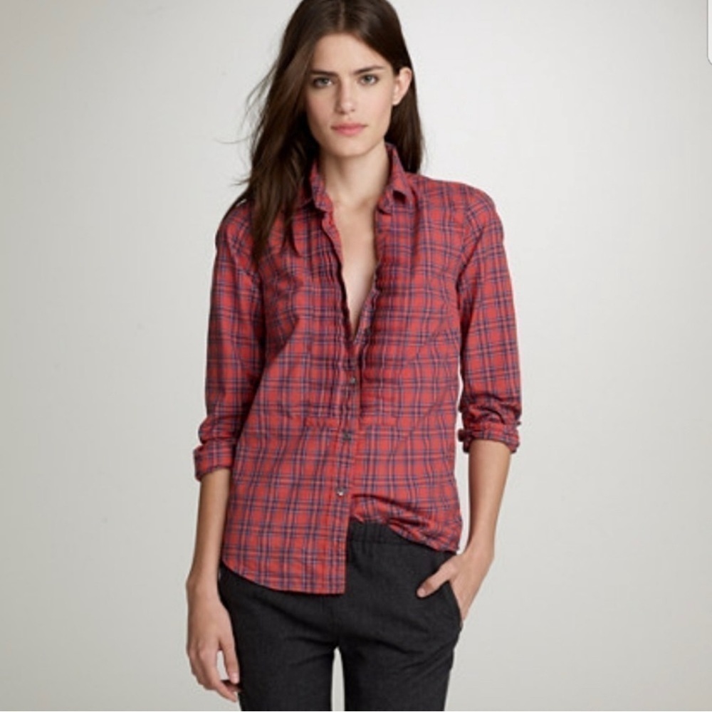 J. Crew Tartan Plaid‎ Pintuck Button Down Top Size 0